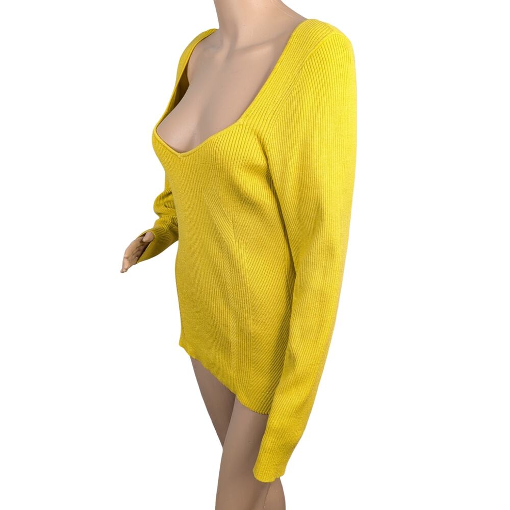 Anthropologie Sweetheart Neckline Sweater Large L Citron Yellow Ribbed Knit EUC - Picture 7 of 11